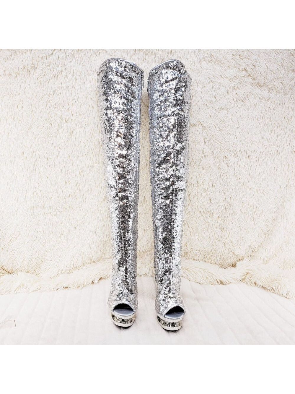 3011 Silver Sequin Open Toe Thigh High Heel Boots Blondie - Picture 11 of 15